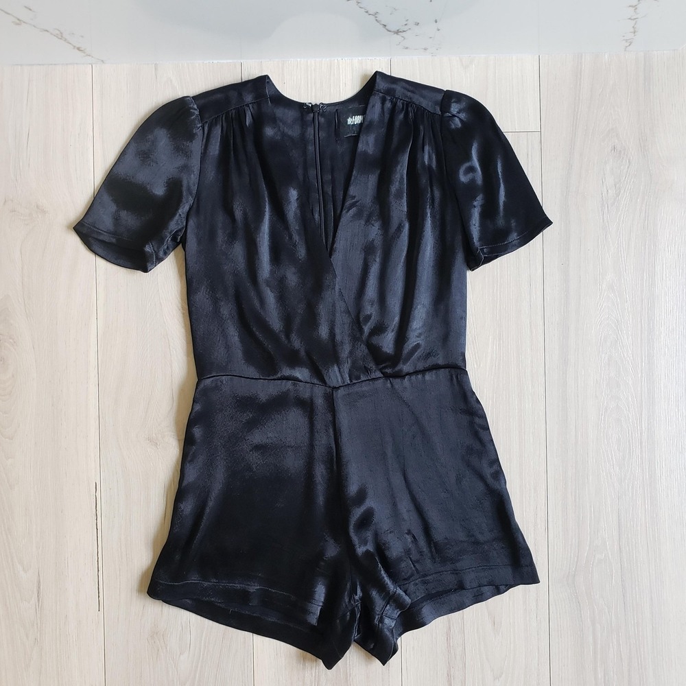 Reformation Romper Womens 0 Black Satin Bergen Short Sleeve V Neck Party USA